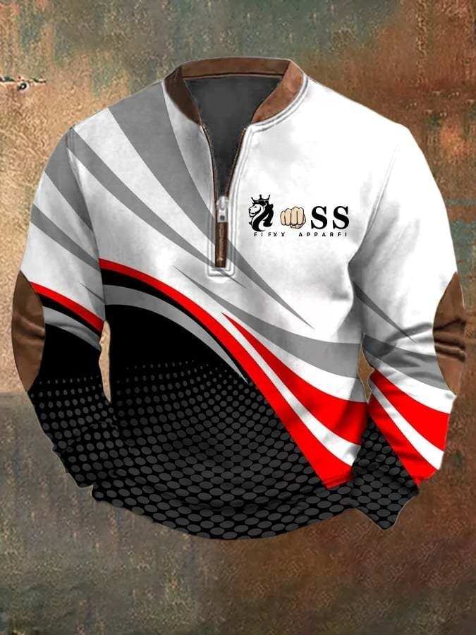 Men's Retro Letter Design Printed Casual Zipper Collar Long-Sleeved Sw