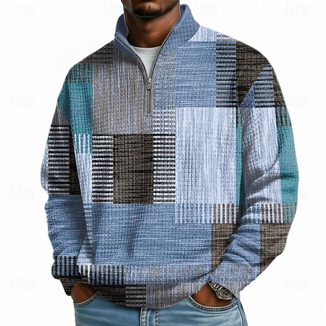 Men's Geometric Plaid Waffle Sweatshirt 