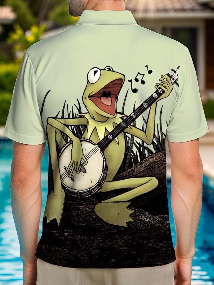 Casual Cartoon Funny Frog Print Art Men's Short Sleeve Polo Shirt