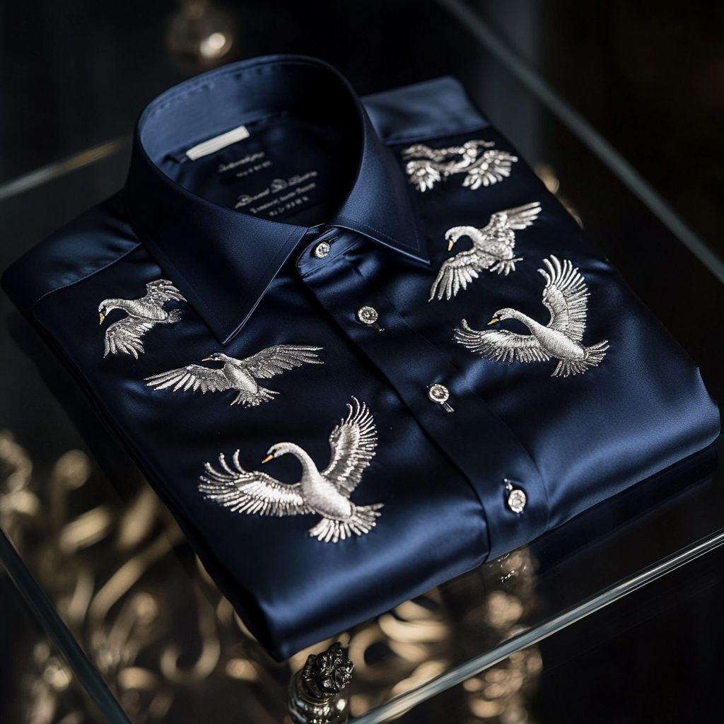 Men's premium quality silk shirt with stunning animal swan print business leisure vacation Long Sleeve Shirts