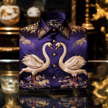 Men's premium quality silk shirt with stunning animal swan print business leisure vacation Long Sleeve Shirts