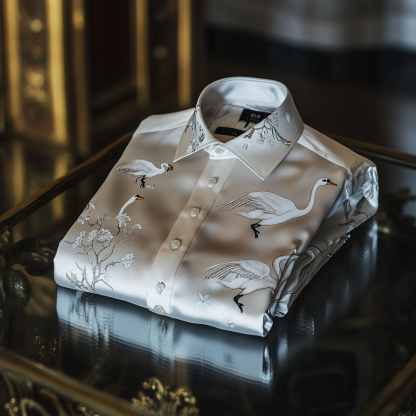 Men's premium quality silk shirt with stunning animal swan print business leisure vacation Long Sleeve Shirts