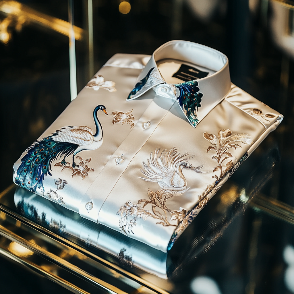 Men's premium quality silk shirt with stunning animal swan print business leisure vacation Long Sleeve Shirts