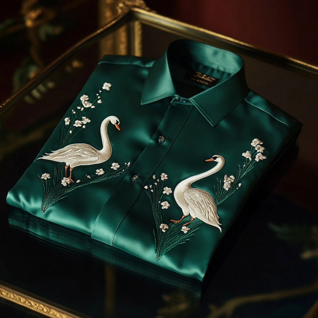 Men's premium quality silk shirt with stunning animal swan print business leisure vacation Long Sleeve Shirts