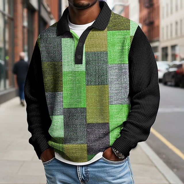 Men's Color Block Geometic Waffle Polo Shirts