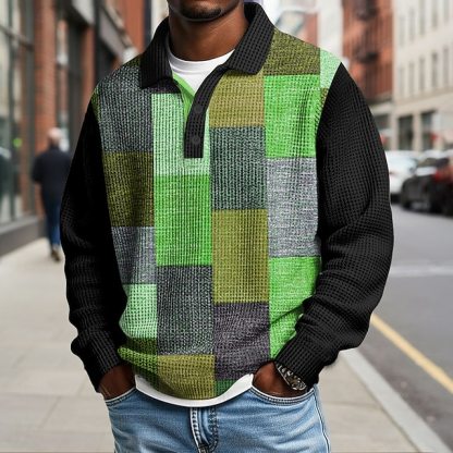 Men's Color Block Geometic Waffle Polo Shirts