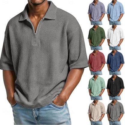 Men's Waffle Polo Shirts Zip Polo
