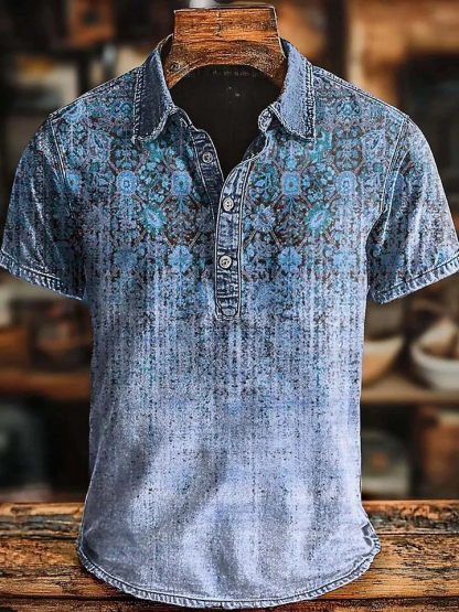 Retro Ethnic Gradient Art Print Casaul Short SLeeve Polo Shirt