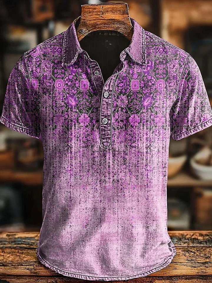 Retro Ethnic Gradient Art Print Casaul Short SLeeve Polo Shirt