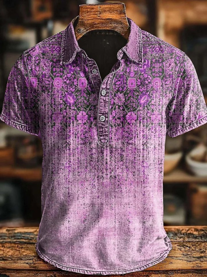 Retro Ethnic Gradient Art Print Casaul Short SLeeve Polo Shirt