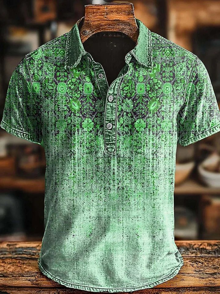 Retro Ethnic Gradient Art Print Casaul Short SLeeve Polo Shirt