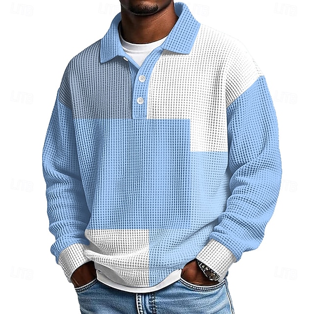 Men's Color Block Geometic Waffle Polo Shirts