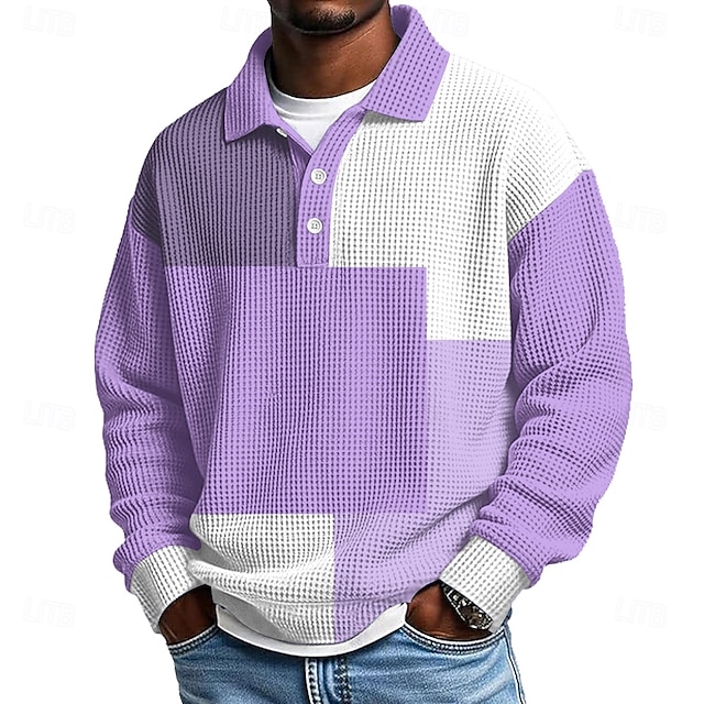 Men's Color Block Geometic Waffle Polo Shirts