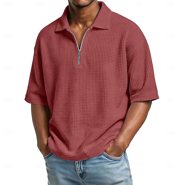 Men's Waffle Polo Shirts Zip Polo