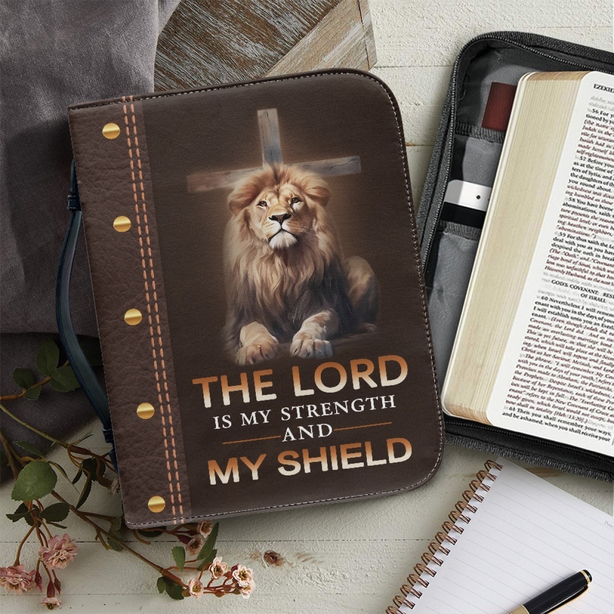 Personalized PU Leather Bible Cover for Men - Engraved "The Lord Is My Strength and My Shield" (Psalm 28:7)