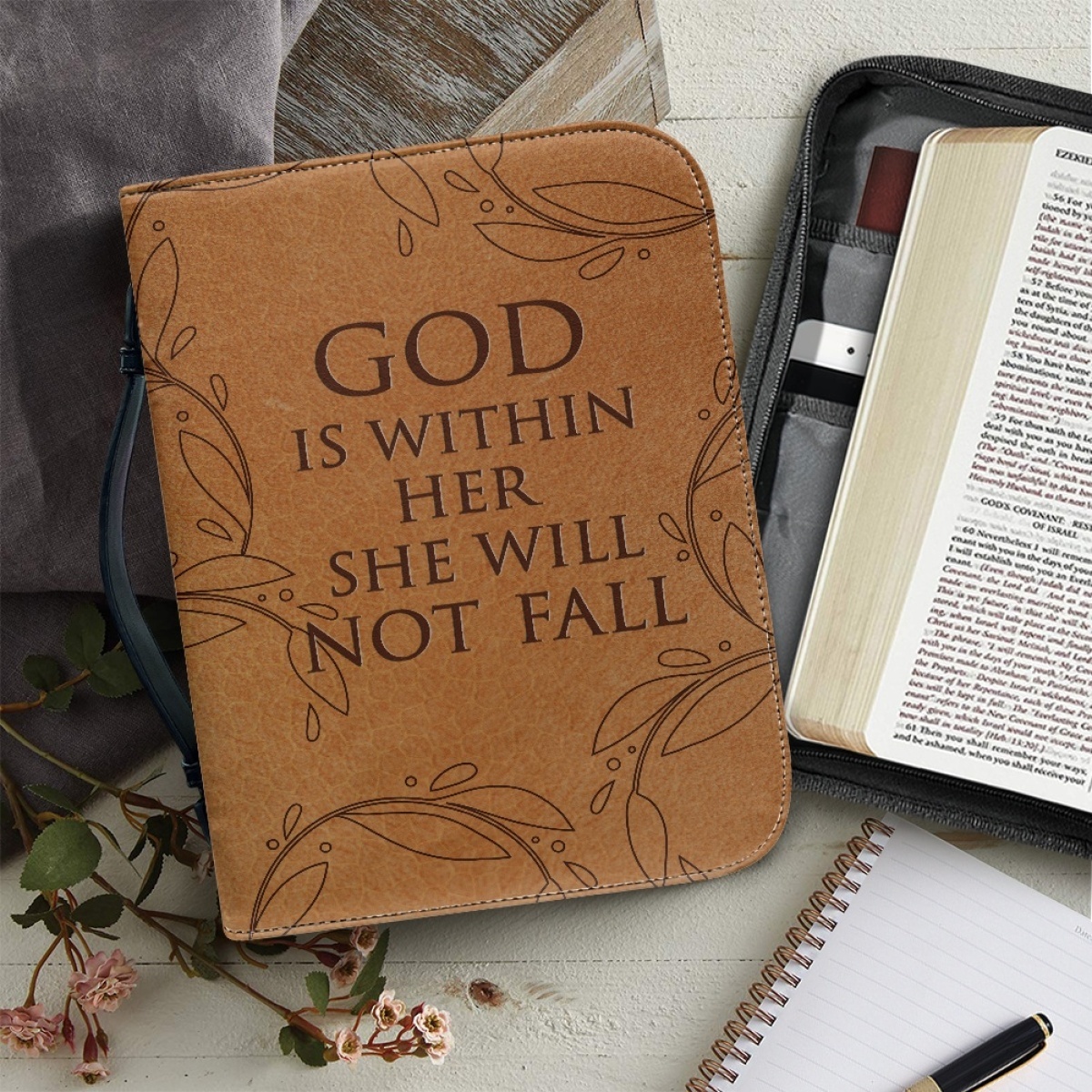 Personalized PU Leather Bible Cover for Women - Engraved "God Is Within Her, She Will Not Fall" (Psalm 46:5)