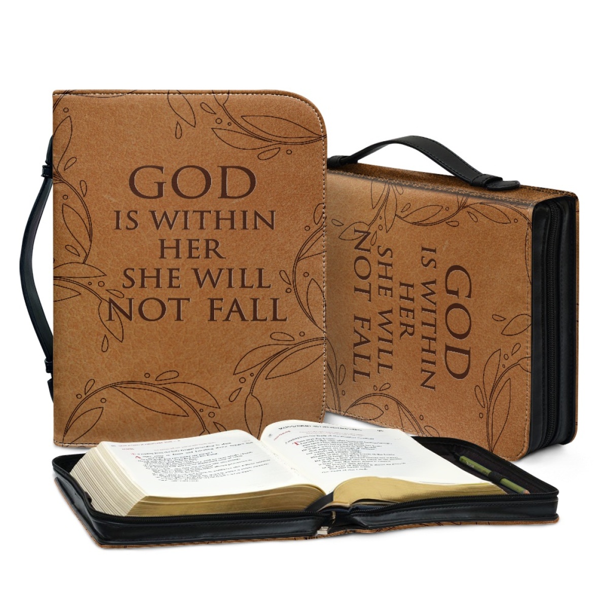 Personalized PU Leather Bible Cover for Women - Engraved "God Is Within Her, She Will Not Fall" (Psalm 46:5)
