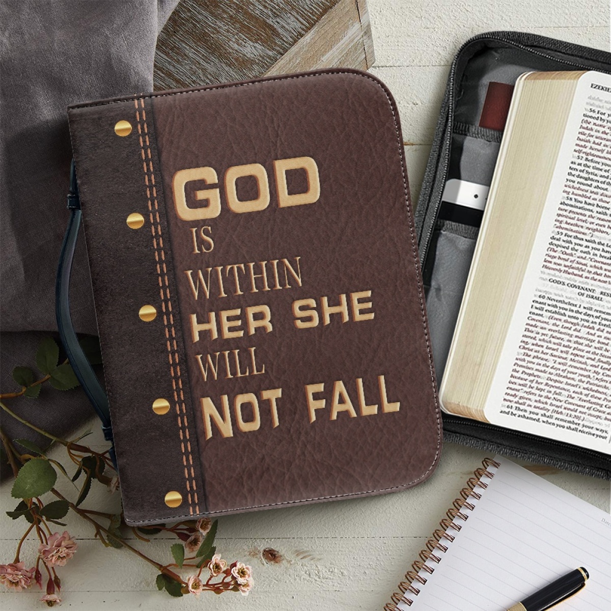 Personalized PU Leather Bible Cover for Women - Engraved "God Is Within Her, She Will Not Fall" (Psalm 46:5)