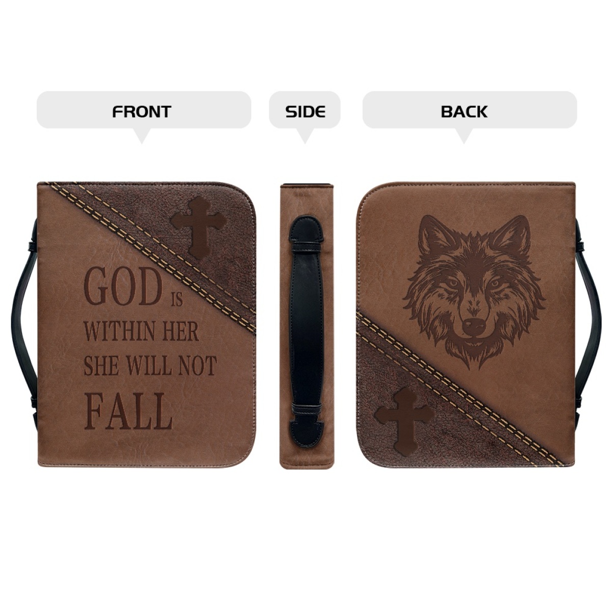 Custom Leather Bible Cover for Women - Engraved "God Is Within Her, She Will Not Fall" (Psalm 46:5)