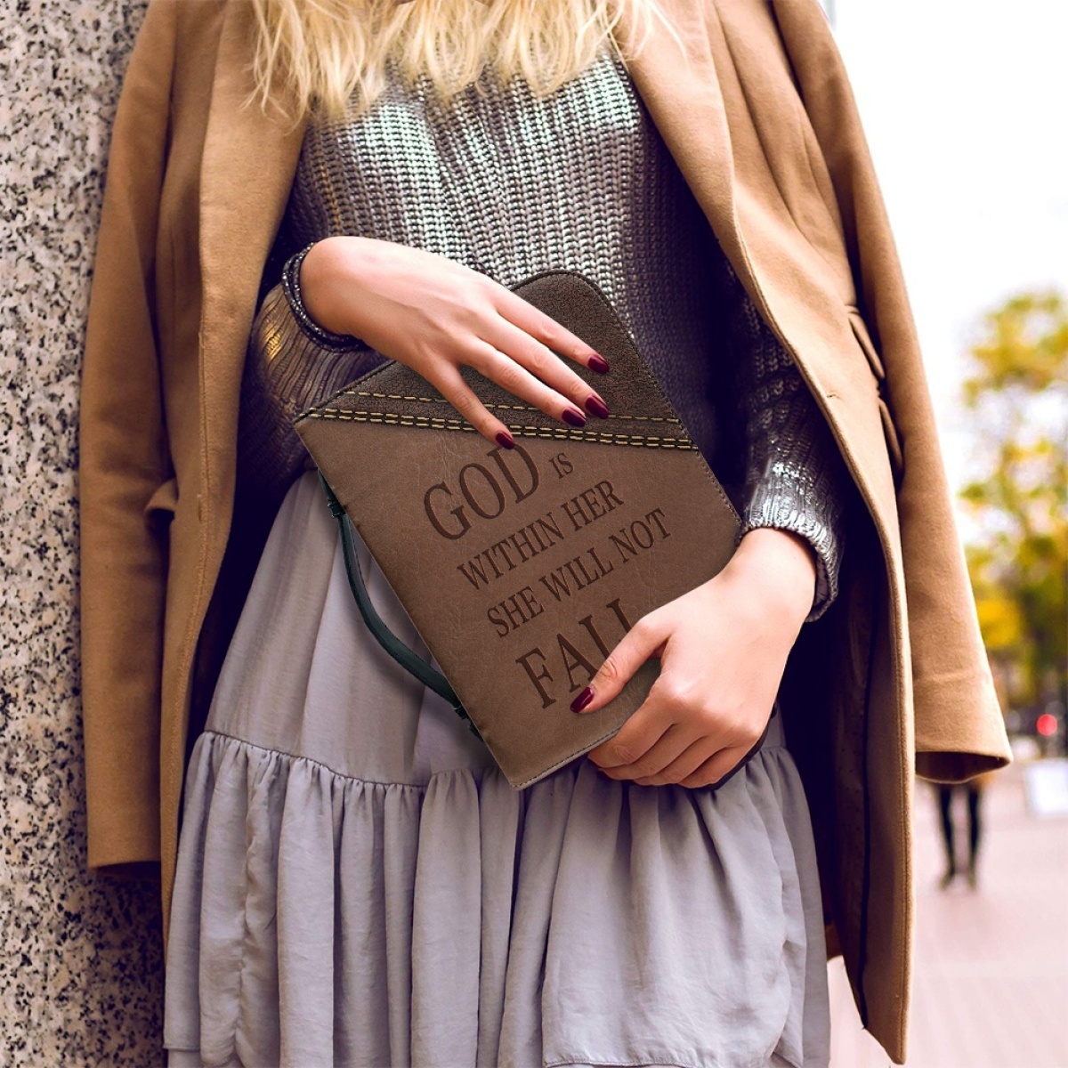 Custom Leather Bible Cover for Women - Engraved "God Is Within Her, She Will Not Fall" (Psalm 46:5)