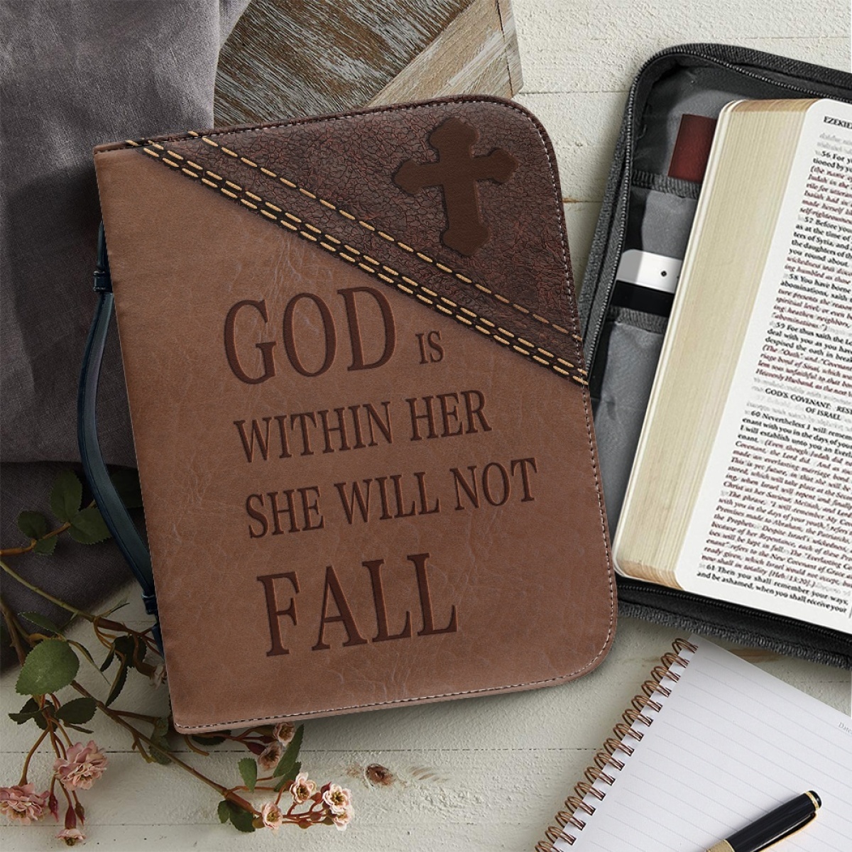 Custom Leather Bible Cover for Women - Engraved "God Is Within Her, She Will Not Fall" (Psalm 46:5)