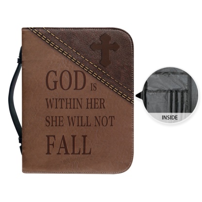 Custom Leather Bible Cover for Women - Engraved "God Is Within Her, She Will Not Fall" (Psalm 46:5)