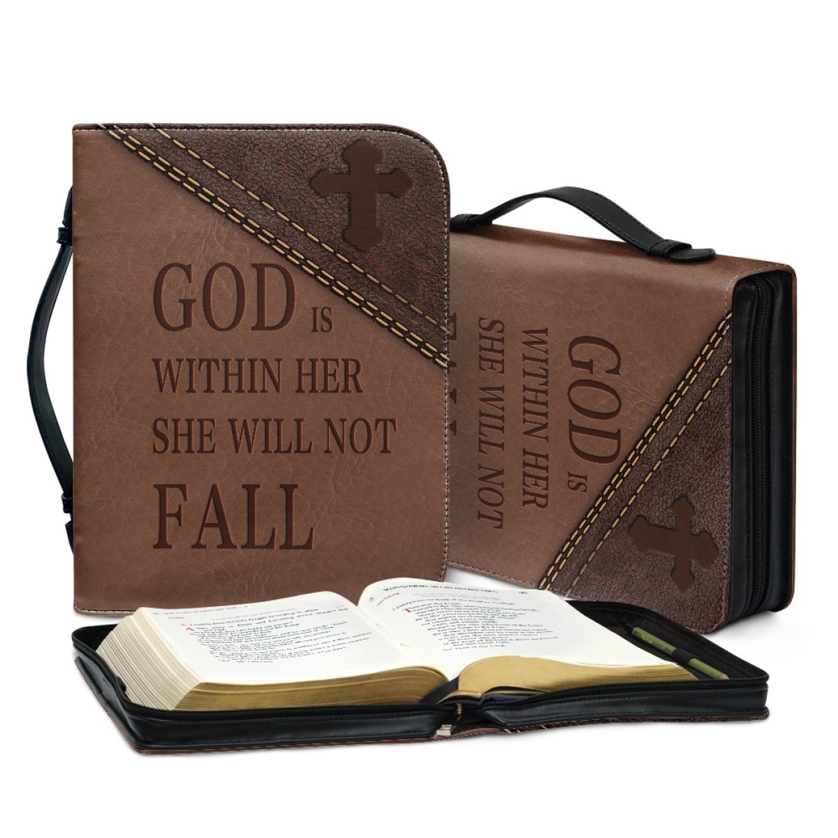 Custom Leather Bible Cover for Women - Engraved "God Is Within Her, She Will Not Fall" (Psalm 46:5)