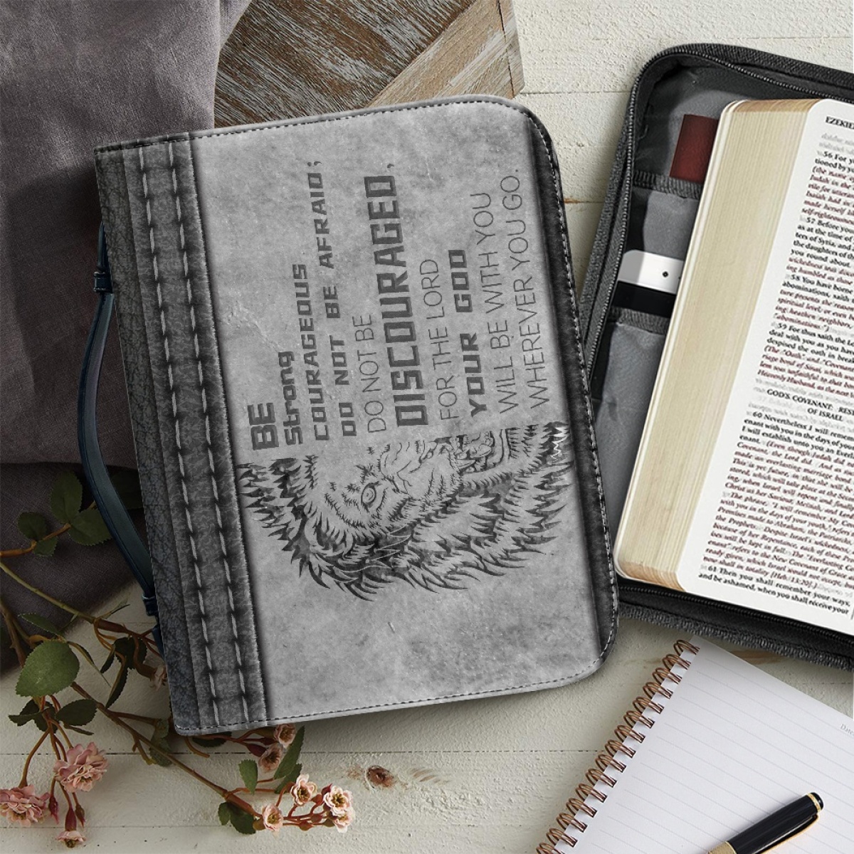 Custom Leather Bible Cover for Men - Engraved "Be Strong and Courageous; Do Not Be Afraid" (Joshua 1:9)