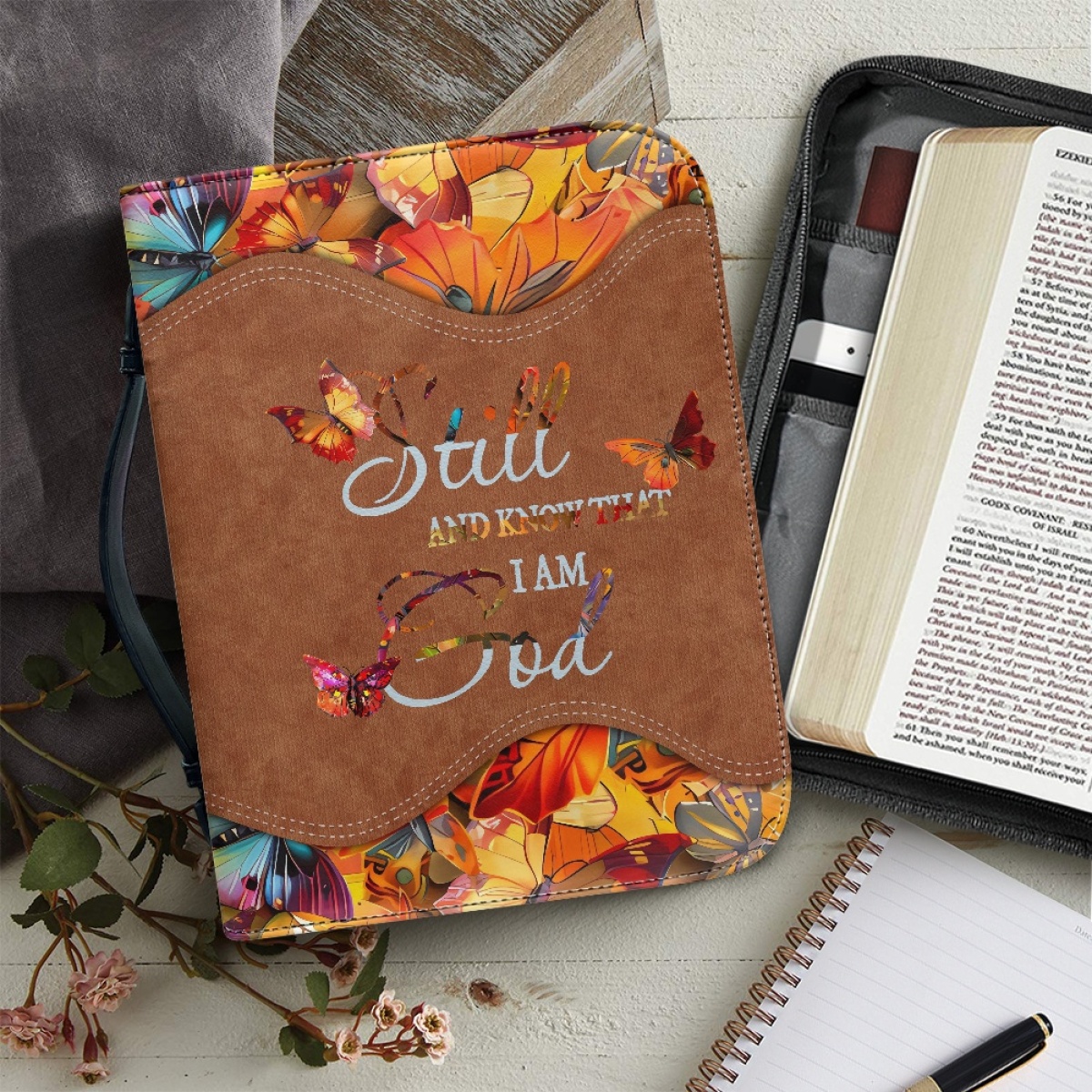 Personalized Leather Bible Cover for Women - Engraved "Be Still and Know That I Am God" (Psalm 46:10)