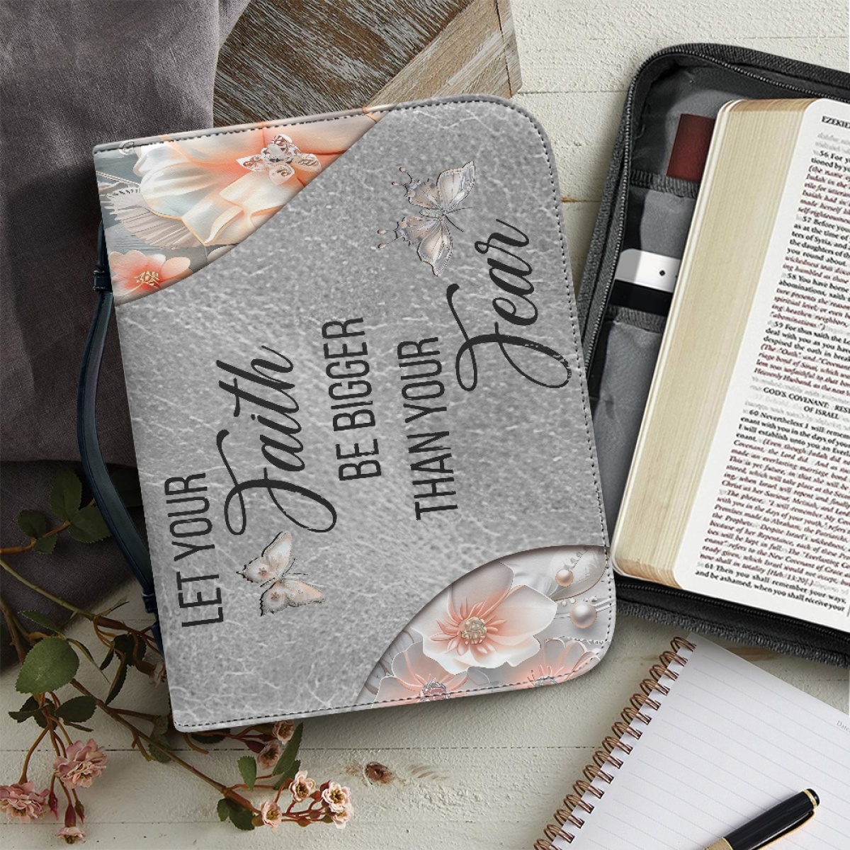 Personalized Leather Bible Cover for Women - Engraved "Let Your Faith Be Bigger Than Your Fear" (Inspired by 1 John 4:18)