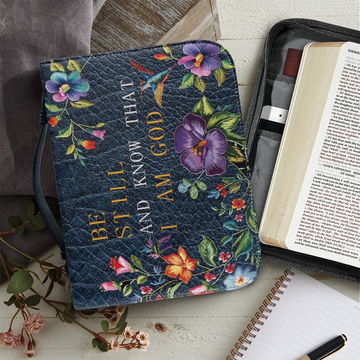 Personalized Leather Bible Cover for Women - Engraved "Be Still and Know That I Am God" (Psalm 46:10)