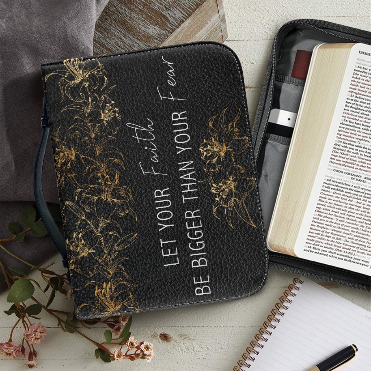 Custom Leather Bible Cover for Women - Engraved "Let Your Faith Be Bigger Than Your Fear" | Bold Typography & Modern Edge
