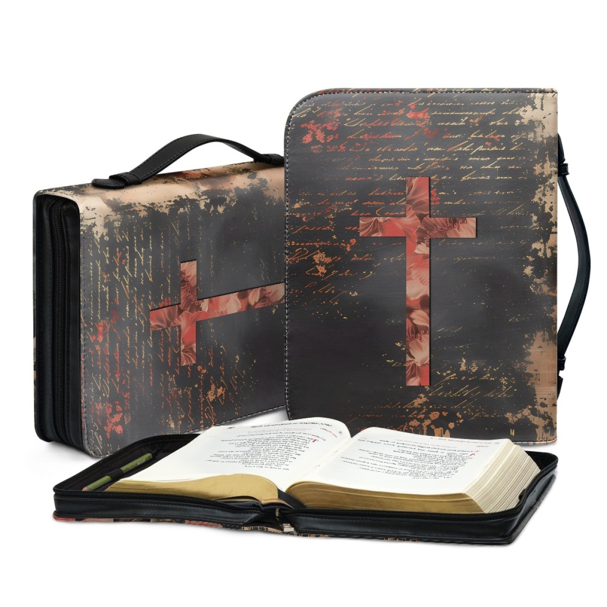 Custom Leather Bible Cover for Women - Embossed Rose & Cross Design | Timeless Faith & Elegance