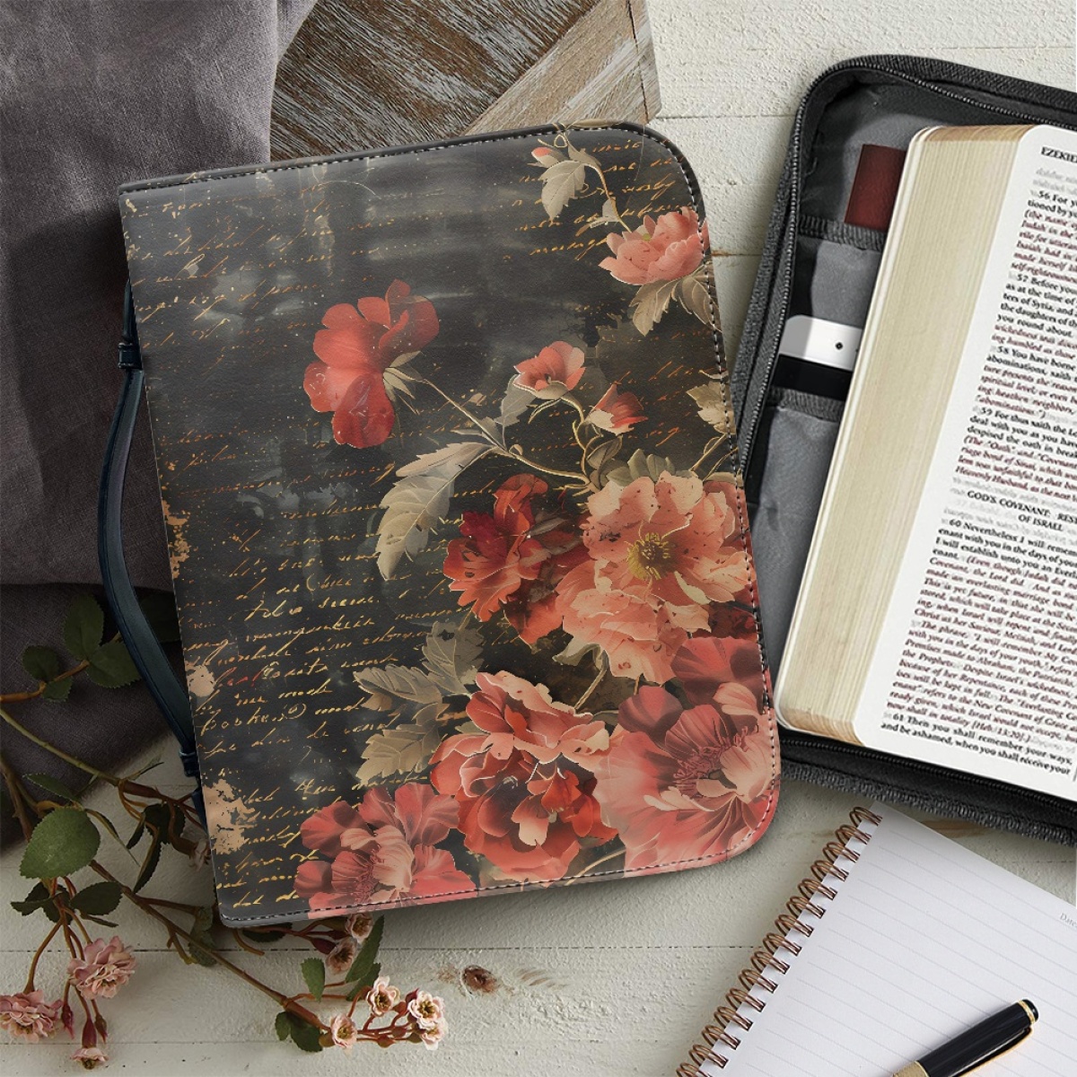 Custom Leather Bible Cover for Women - Embossed Rose & Cross Design | Timeless Faith & Elegance