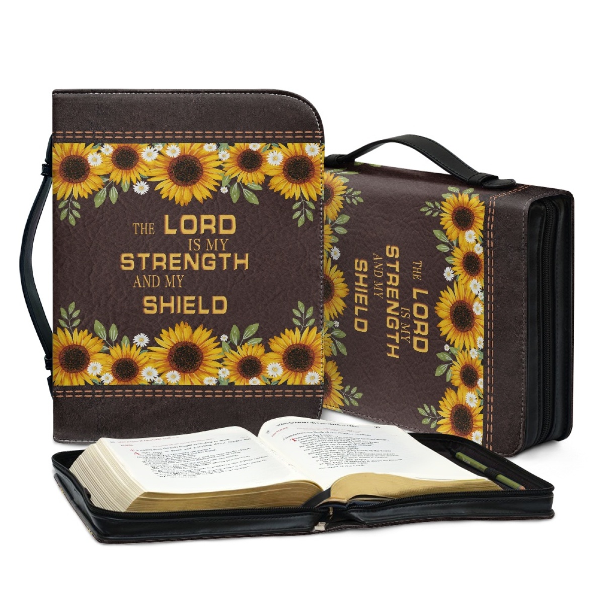 Personalized Leather Bible Cover for Women - Engraved "The Lord Is My Strength and My Shield" (Psalm 28:7)