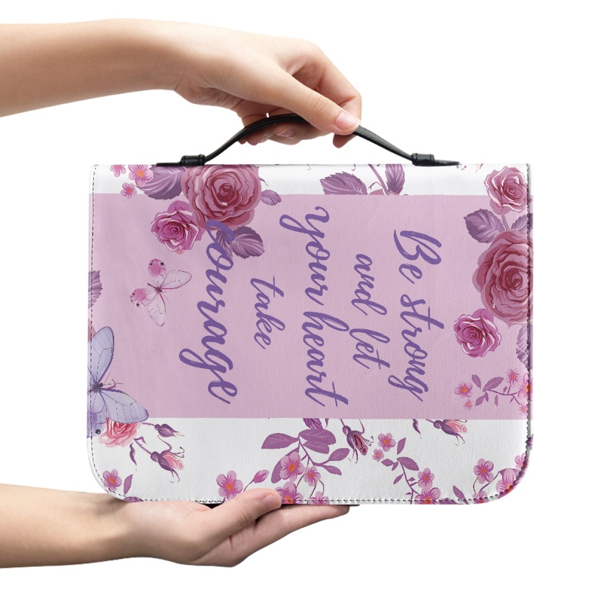 Pink Leather Bible Cover for Women - Engraved "Be Strong and Let Your Heart Take Courage" (Psalm 31:24)