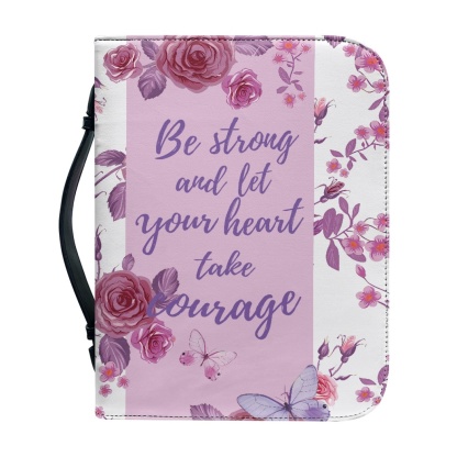 Pink Leather Bible Cover for Women - Engraved "Be Strong and Let Your Heart Take Courage" (Psalm 31:24)