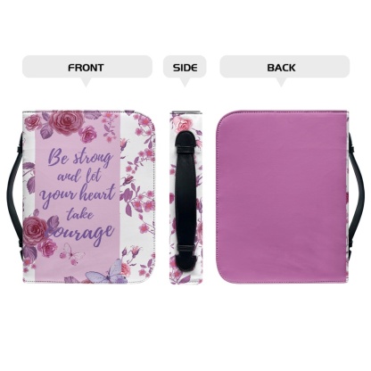 Pink Leather Bible Cover for Women - Engraved "Be Strong and Let Your Heart Take Courage" (Psalm 31:24)