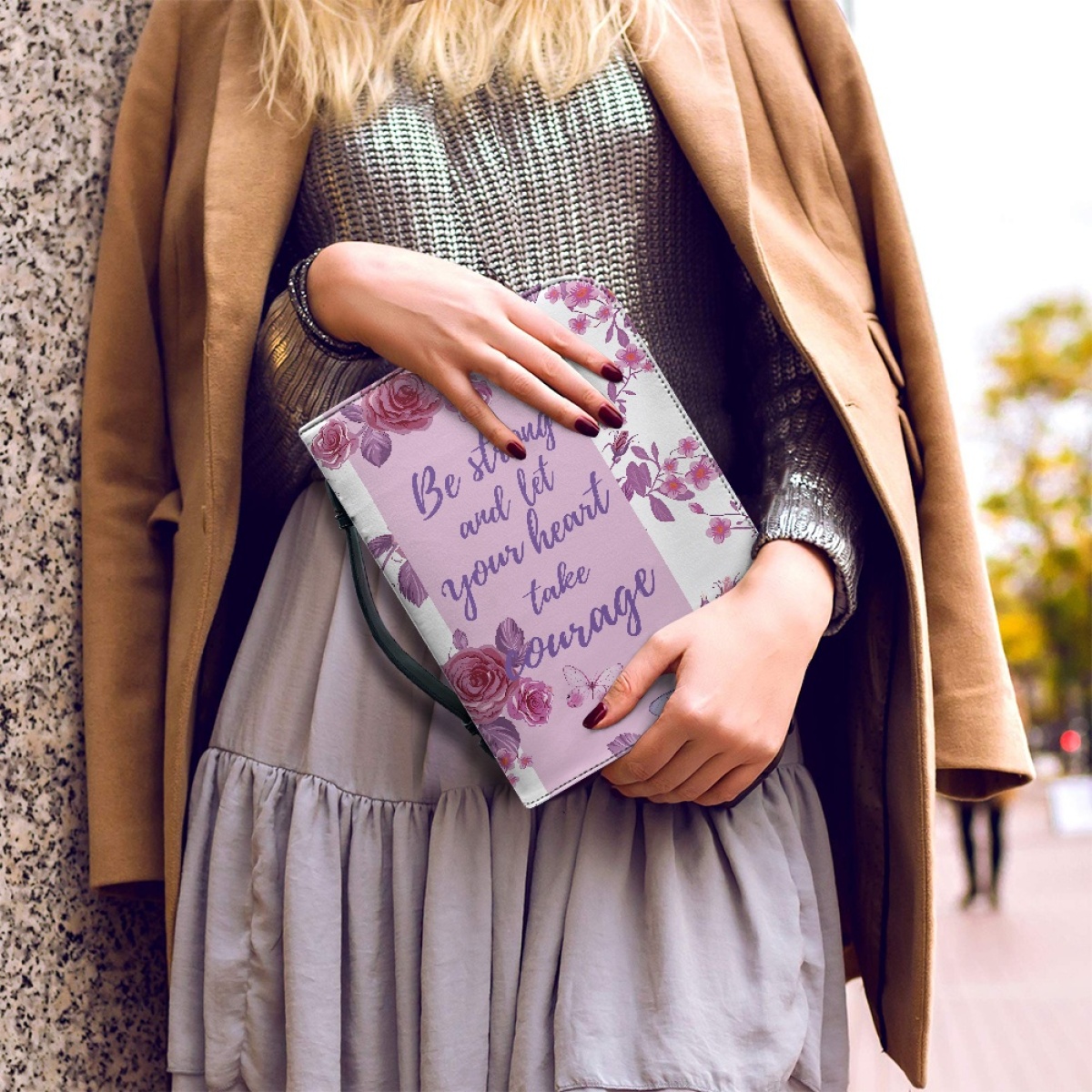 Pink Leather Bible Cover for Women - Engraved "Be Strong and Let Your Heart Take Courage" (Psalm 31:24)