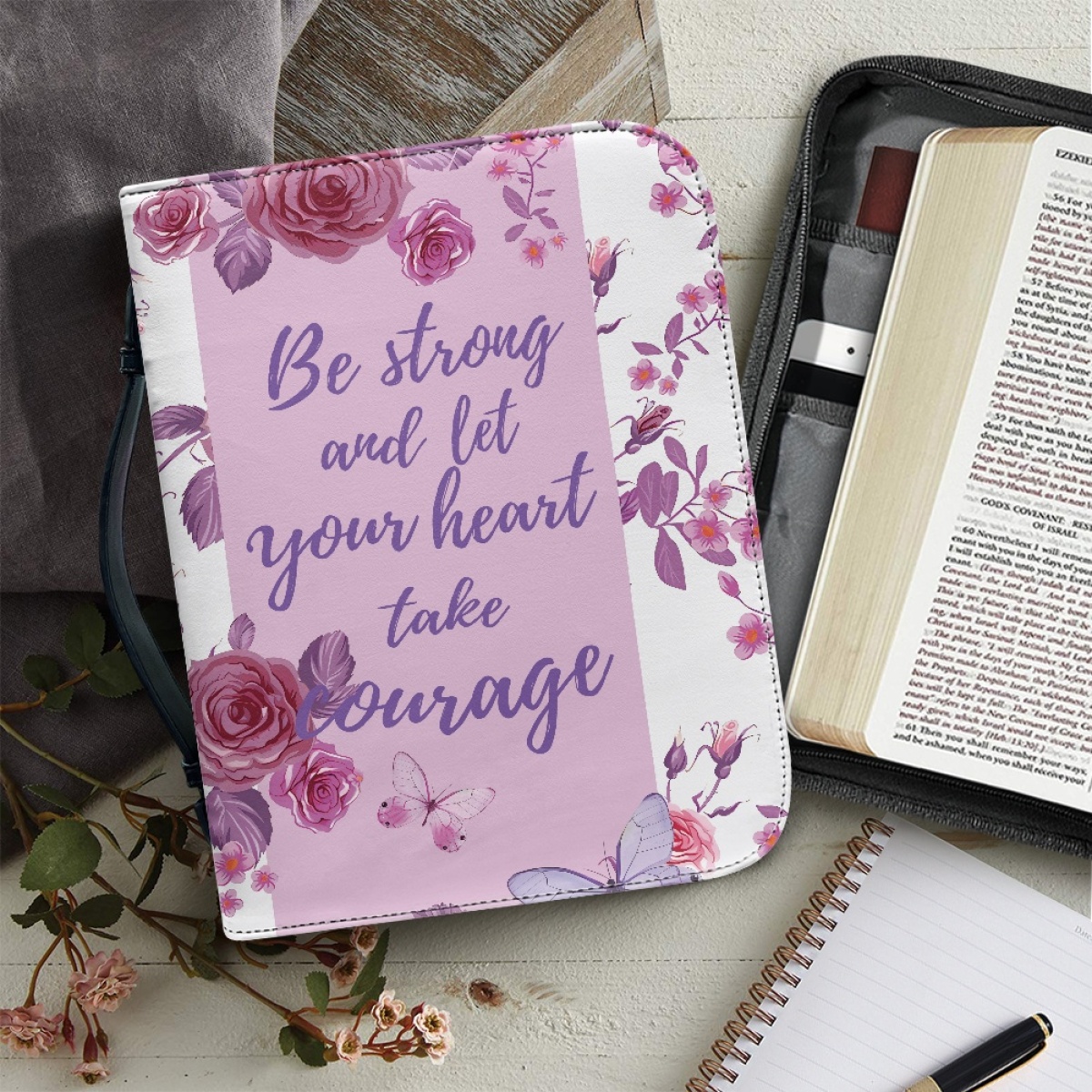 Pink Leather Bible Cover for Women - Engraved "Be Strong and Let Your Heart Take Courage" (Psalm 31:24)