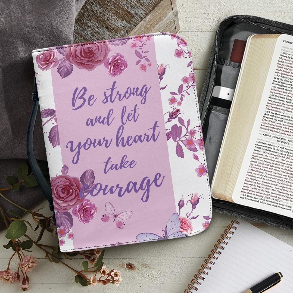 Pink Leather Bible Cover for Women - Engraved "Be Strong and Let Your Heart Take Courage" (Psalm 31:24)