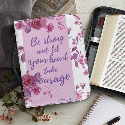 Pink Leather Bible Cover for Women - Engraved "Be Strong and Let Your Heart Take Courage" (Psalm 31:24)