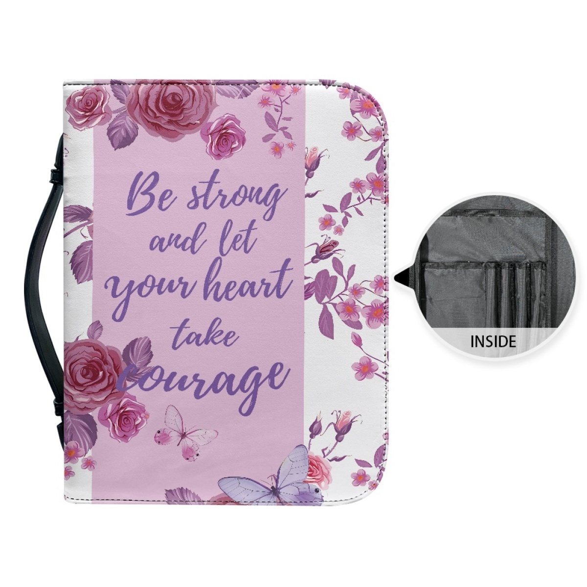 Pink Leather Bible Cover for Women - Engraved "Be Strong and Let Your Heart Take Courage" (Psalm 31:24)