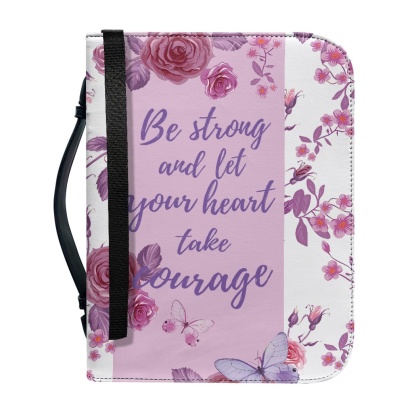 Pink Leather Bible Cover for Women - Engraved "Be Strong and Let Your Heart Take Courage" (Psalm 31:24)