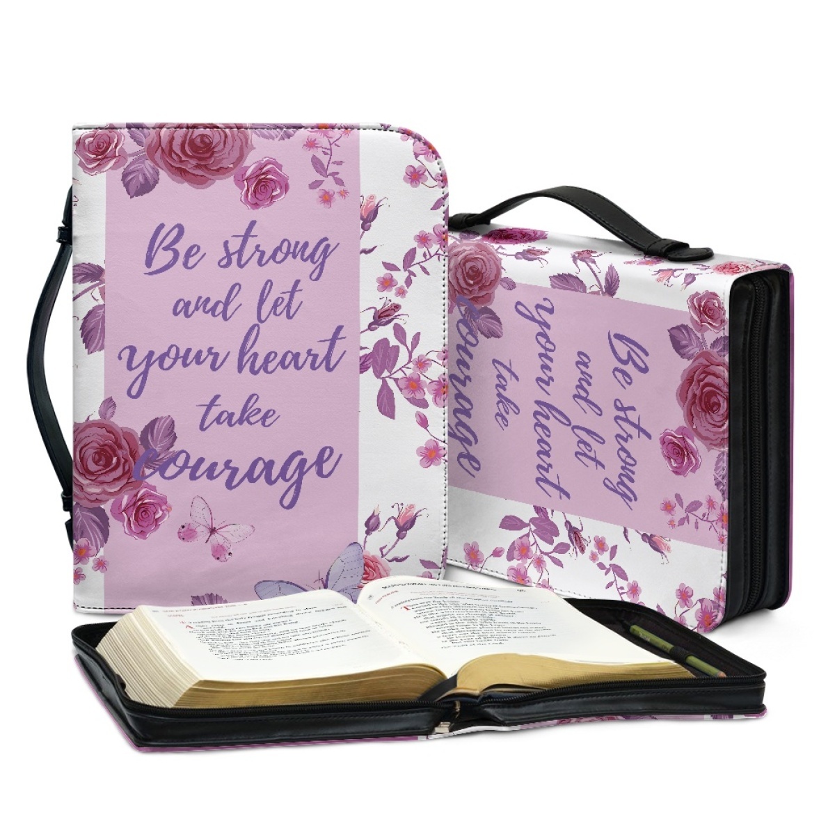 Pink Leather Bible Cover for Women - Engraved "Be Strong and Let Your Heart Take Courage" (Psalm 31:24)