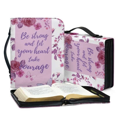 Pink Leather Bible Cover for Women - Engraved "Be Strong and Let Your Heart Take Courage" (Psalm 31:24)