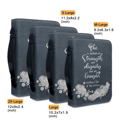 Leather Bible Cover for Women - Engraved She Is Clothed with Strength and Dignity (Proverbs 31:25)