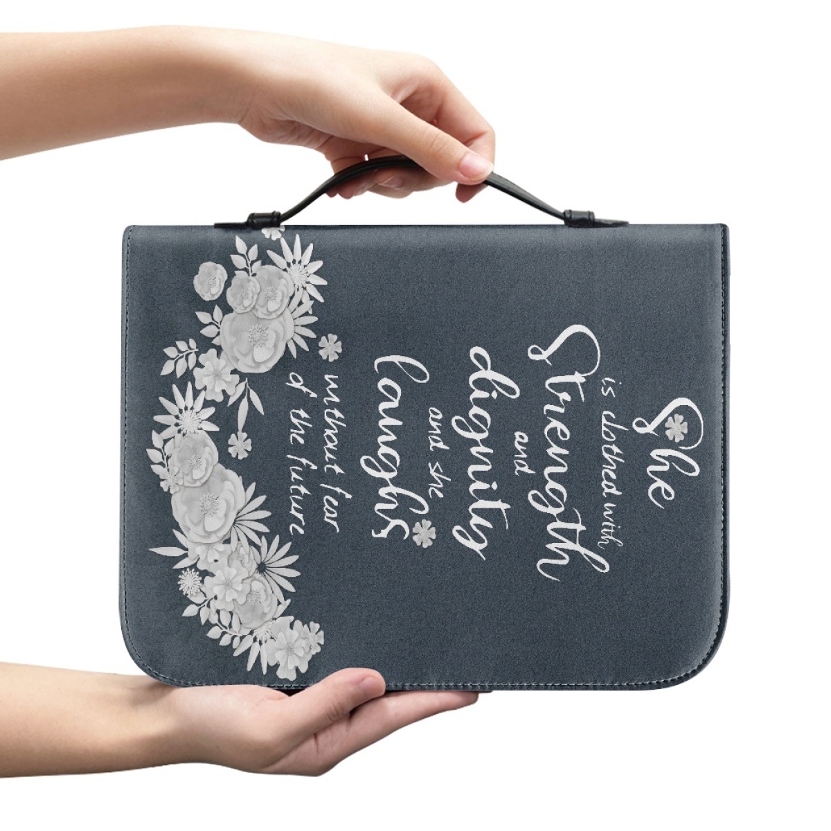 Leather Bible Cover for Women - Engraved She Is Clothed with Strength and Dignity (Proverbs 31:25)