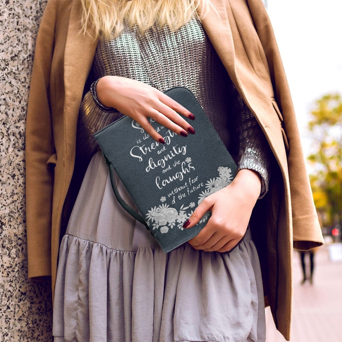 Leather Bible Cover for Women - Engraved She Is Clothed with Strength and Dignity (Proverbs 31:25)