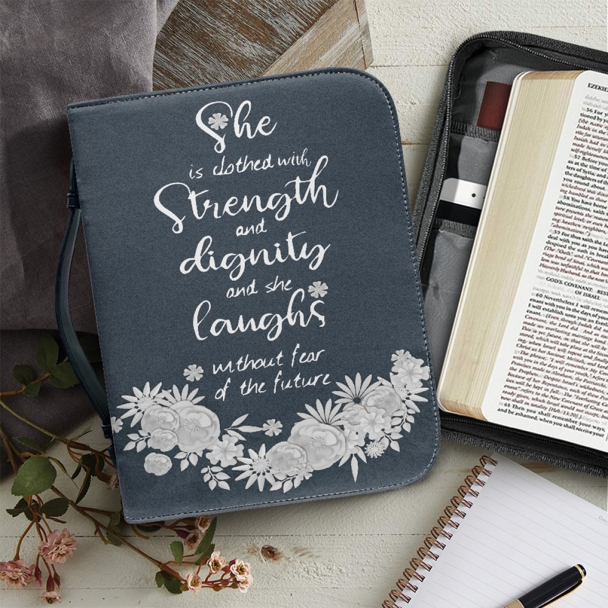 Leather Bible Cover for Women - Engraved She Is Clothed with Strength and Dignity (Proverbs 31:25)